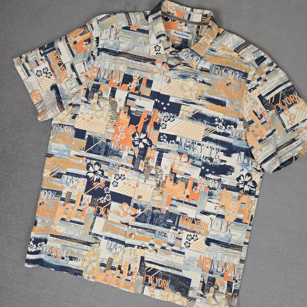 Tommy Bahama Shirt Mens Large 100% Silk Camp New York City AOP Print Hawaiian